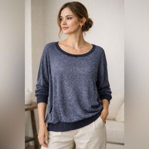 Inhabit Womens Sweater Top Sz Large Navy Blue Linen Cotton Knit Quiet Luxury